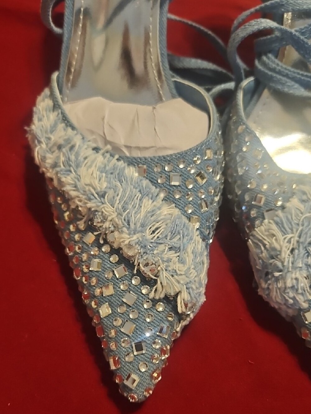 Light Blue Embellished Pointed-Toe Lace-Up Mules - Picture 2 of 4